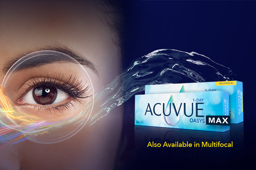close up of eye with box shot of Acuvue Oaysys Max contact lenses